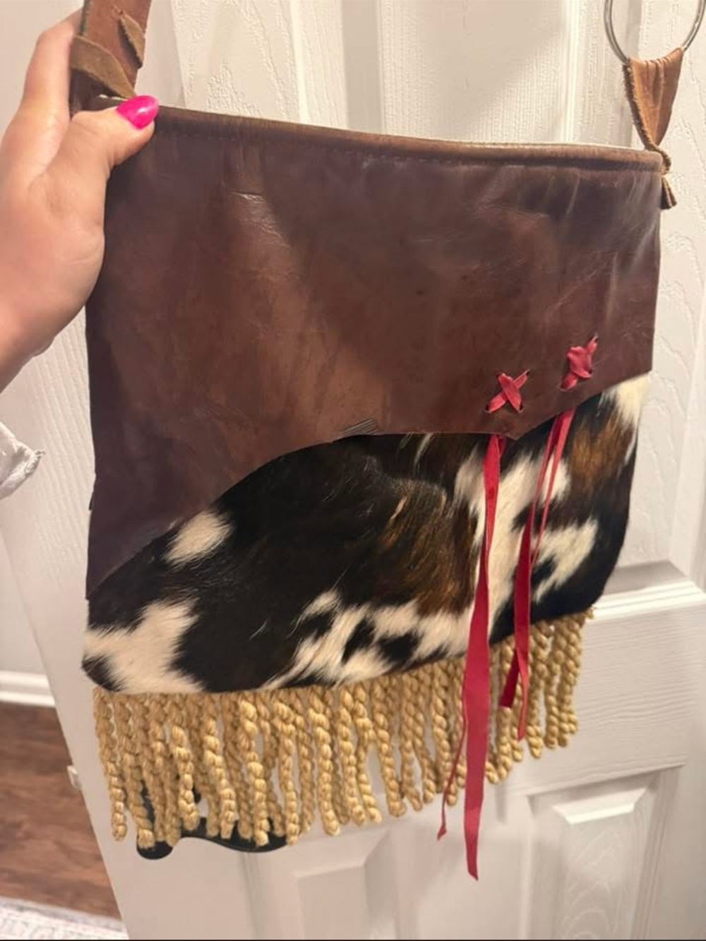 Boho Brown Leather and Cowhide Crossbody with Red Ribbon Accents